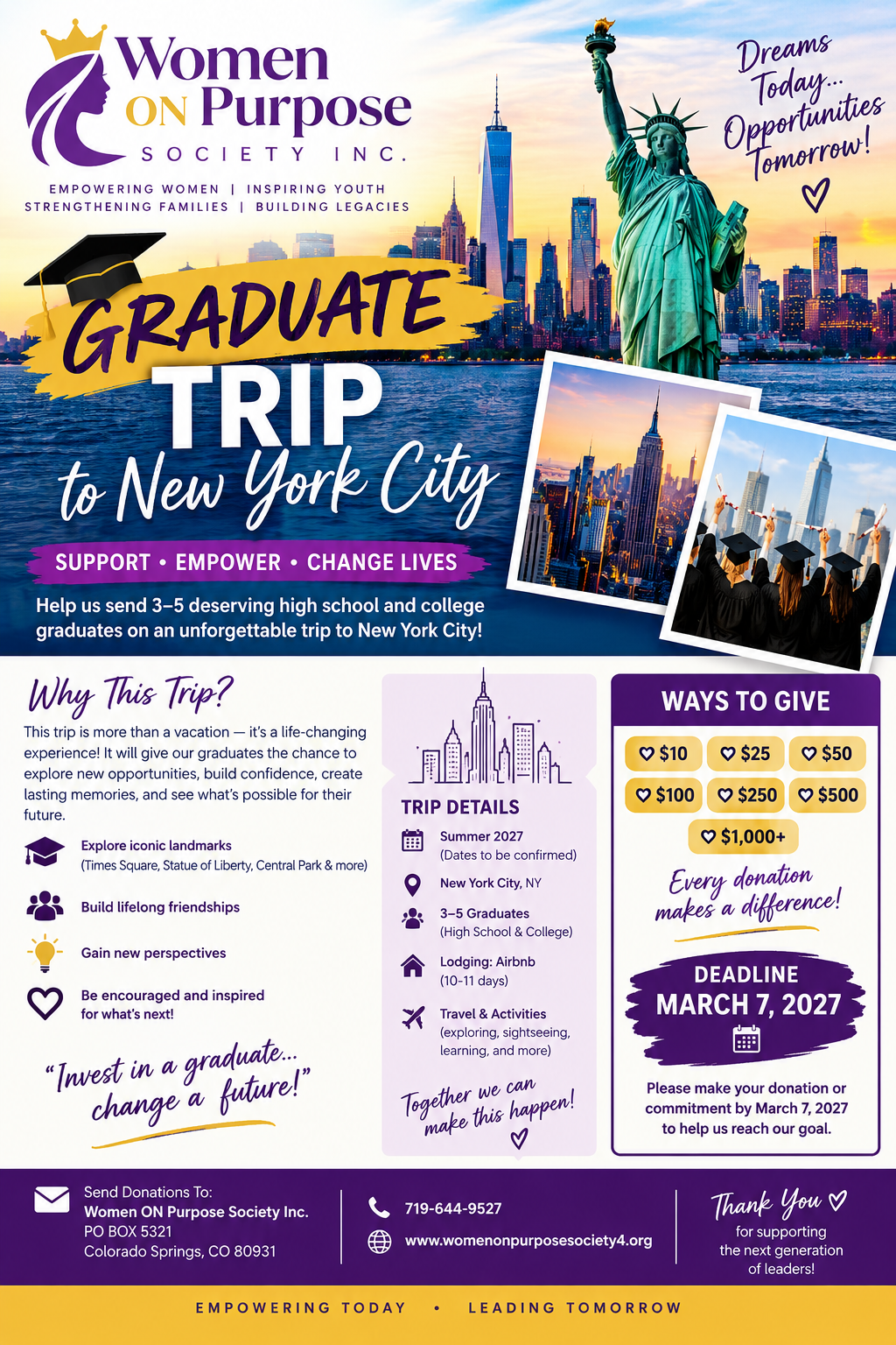 Flyer for the Women ON Purpose Society Inc. graduate trip to New York City: helping send three to five graduates on a summer 2027 adventure